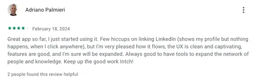 Google Play review by Adriano Palmieri calling Intch a great app with a clean, captivating UX, while noting a few hiccups when linking LinkedIn.