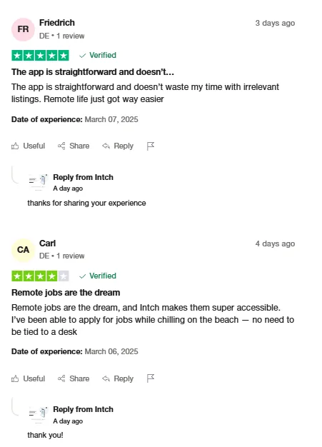 Trustpilot reviews by Friedrich, who says the straightforward app skips irrelevant listings and makes remote life easier, and Carl, who applies for remote jobs from the beach through Intch.