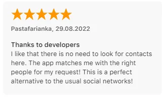 App Store review by Pastafarianka praising how Intch matches them with the right people for their request, calling it a perfect alternative to the usual social networks.