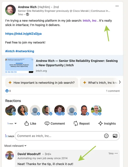 LinkedIn post by Andrew Rich, a site reliability engineer, sharing his Intch profile and calling its interface really slick; a commenter thanks him for the tip.