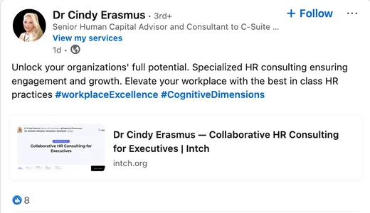 LinkedIn post by Dr Cindy Erasmus promoting her HR consulting services with a link to her Intch pitch page.
