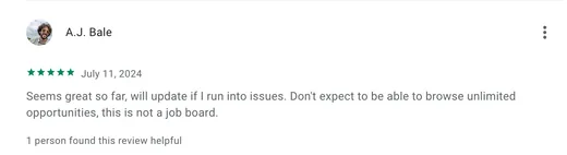 Google Play review by A.J. Bale saying Intch seems great so far and noting it is not a job board with unlimited opportunities to browse.