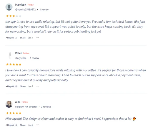 Product Hunt reviews by Harrison, who likes the app but reports saved jobs disappearing, Peter, who enjoys casually browsing jobs and praises support, and alex, who likes the clean layout.