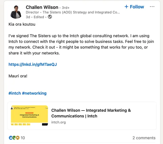 LinkedIn post by Challen Wilson announcing that The Sisters joined Intch's global consulting network to connect with the right people for business tasks.