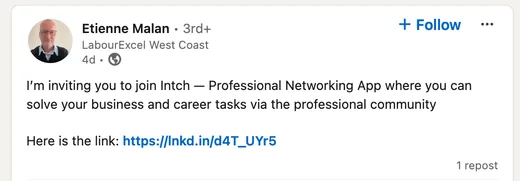 LinkedIn post by Etienne Malan inviting his network to join Intch, a professional networking app for solving business and career tasks through the community.