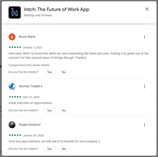 Google Play reviews: Bruce Wane says hiring is easy with Intch during his team's second wave of hires, Norman Tisdell II praises the opportunities, and Stojan Knežević likes the app interface.