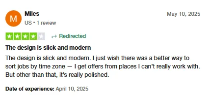 Four-star Trustpilot review by Miles praising Intch's slick, polished design and wishing for a way to sort jobs by time zone.