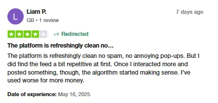 Four-star Trustpilot review by Liam P. calling Intch refreshingly clean with no spam, noting the feed improved once he interacted and posted more.