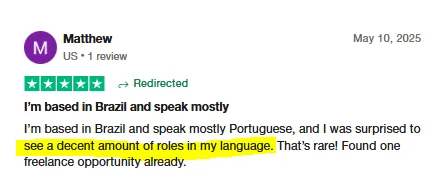 Trustpilot review by Matthew, based in Brazil, who was surprised to find many Portuguese-language roles on Intch and has already landed one freelance opportunity.