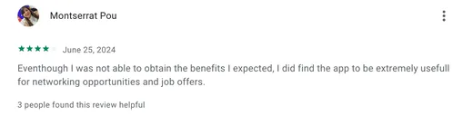Google Play review by Montserrat Pou who found Intch extremely useful for networking opportunities and job offers, even though not every expected benefit came through.