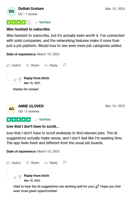 Two Trustpilot reviews: Delilah Graham says the subscription was worth it after connecting with solid companies, and Anne Glover likes Intch's sensible AI job suggestions.