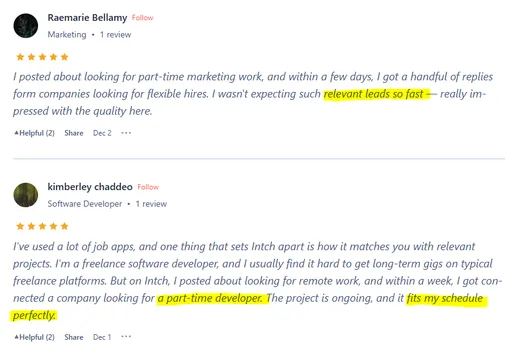 Product Hunt reviews by Raemarie Bellamy, who got replies from companies about part-time marketing work within days, and freelance developer kimberley chaddeo, who landed an ongoing part-time project.