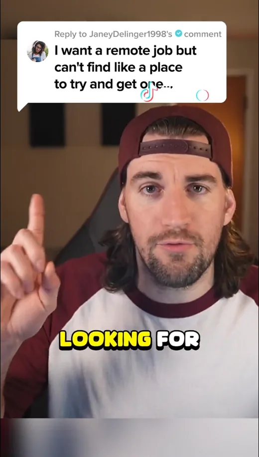 Frame from a TikTok video replying to a viewer who wants a remote job but cannot find where to look, recommending Intch.