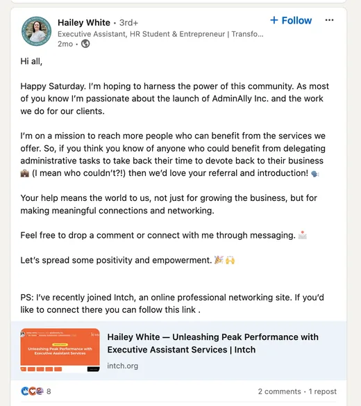 LinkedIn post by Hailey White asking for referrals for her admin-support business and sharing that she recently joined Intch, inviting people to connect there.