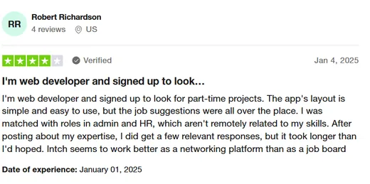 Trustpilot review by Robert Richardson, a web developer: simple app and mixed job suggestions, with relevant responses after posting about his expertise.