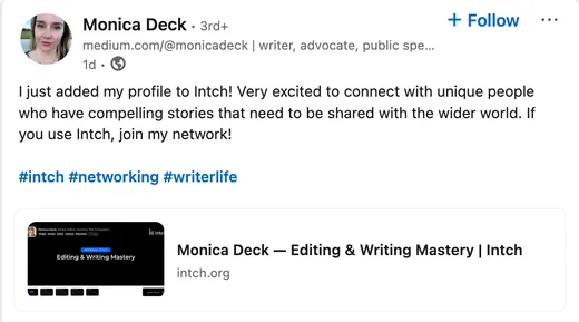 LinkedIn post by writer Monica Deck announcing she added her profile to Intch and inviting others to join her network.