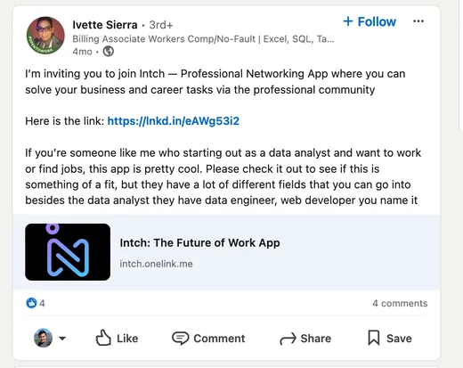 LinkedIn post by Ivette Sierra inviting people to join Intch and recommending it to aspiring data analysts and others looking for jobs in many fields.