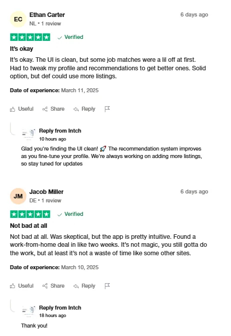 Two Trustpilot reviews: Ethan Carter finds the UI clean but wants more listings; Jacob Miller found a work-from-home deal in about two weeks with the intuitive app.