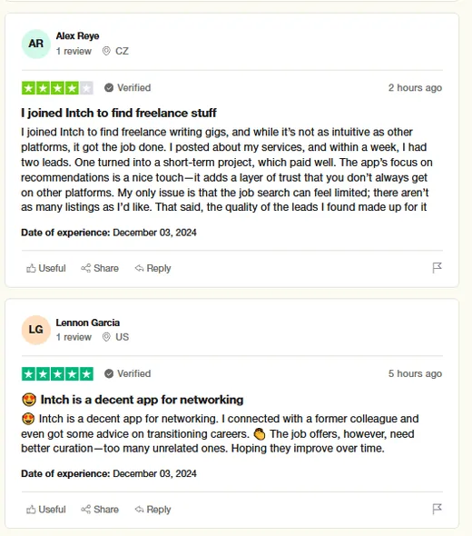 Trustpilot reviews by Alex Reye, who landed a paid freelance writing project, and Lennon Garcia, who reconnected with a former colleague on Intch.