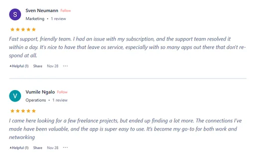 Two Product Hunt reviews: Sven Neumann praises Intch's fast, friendly support for fixing a subscription issue within a day, and Vumile Ngalo found freelance projects and valuable connections.