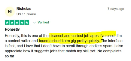 Five-star Trustpilot review by Nicholas, a content writer who found a short-term gig quickly on Intch and praises its fast, clean interface and matching job suggestions.
