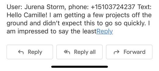 Message from Jurena Storm to the Intch team saying she is getting several projects off the ground faster than expected and is impressed.