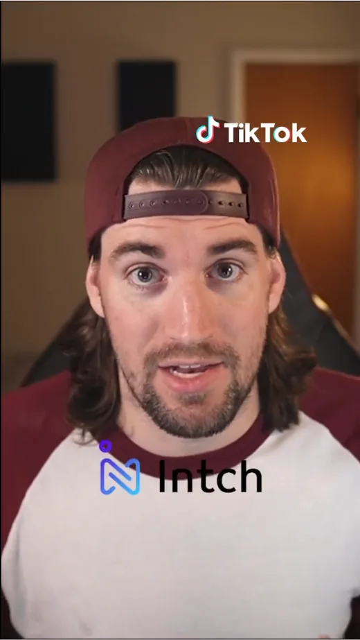 Frame from a TikTok video in which a creator in a backwards cap recommends Intch for finding remote work.