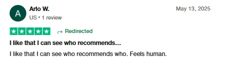 Five-star Trustpilot review by Arlo W. saying he likes seeing who recommends whom on Intch because it feels human.
