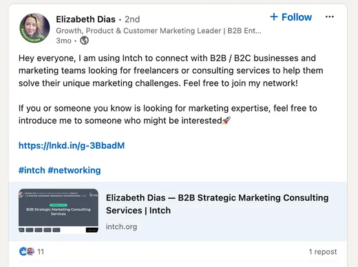 LinkedIn post by Elizabeth Dias, a marketing leader, saying she uses Intch to connect with businesses looking for marketing freelancers and consultants.